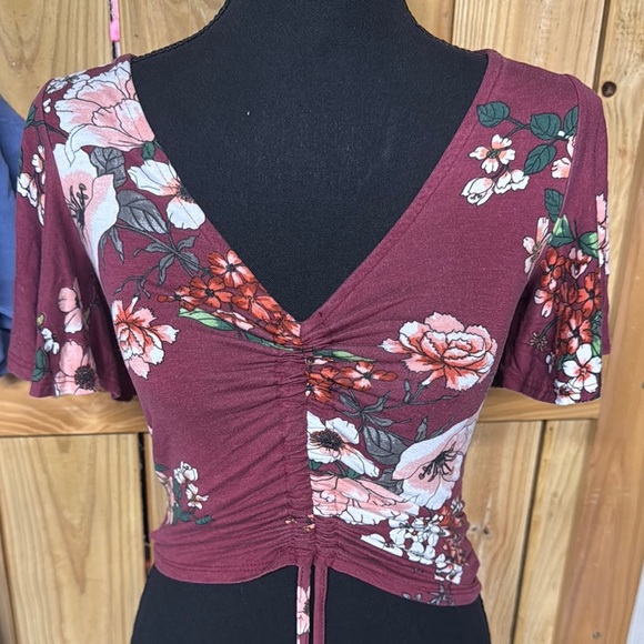 como black Tops - Red Ruched Tie Front Short Sleeve Blouse